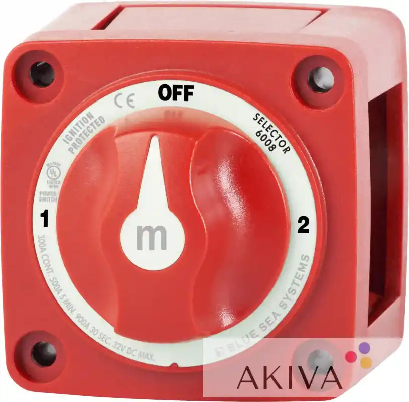 Blue Sea Systems m-Series 3-position battery selector switch, red with off/1/2 dial