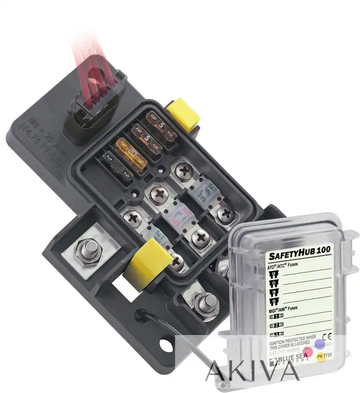 Blue Sea 7725B SafetyHub fuse block marine power distribution with yellow covers