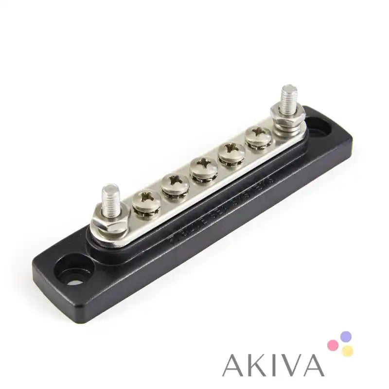 Blue Sea Systems MiniBus stud common busbar with black base, silver bus bar, six threaded terminals for power distribution
