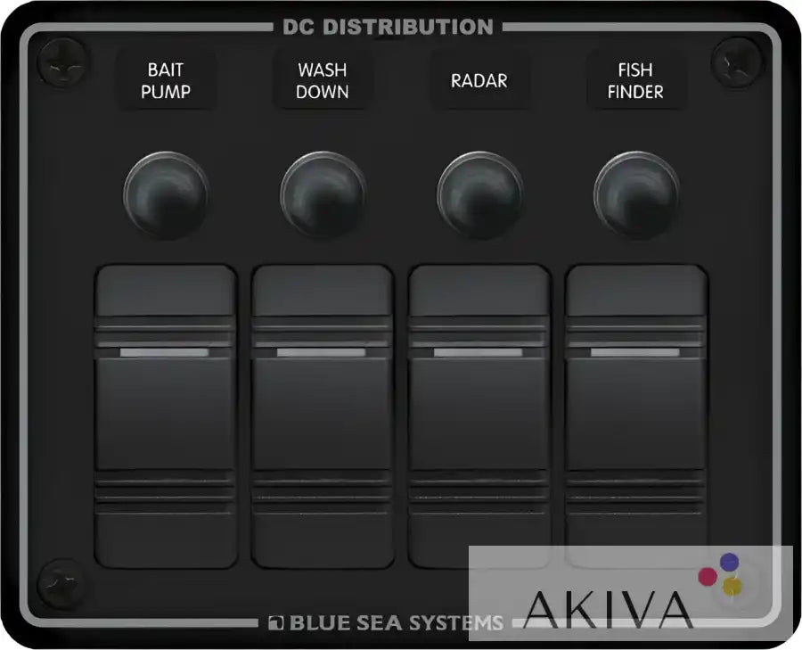 Blue Sea Systems black DC panel with 4 toggle switches for bait pump, washdown