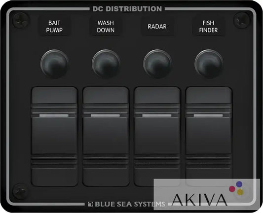Blue Sea Systems black DC panel with 4 toggle switches for bait pump, washdown