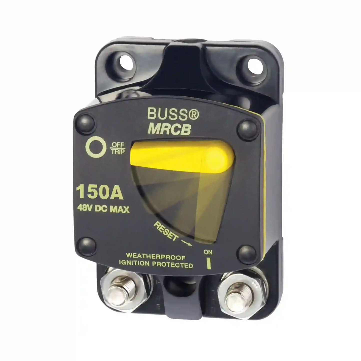 Bussmann MRCB circuit breaker with yellow reset button on a white background