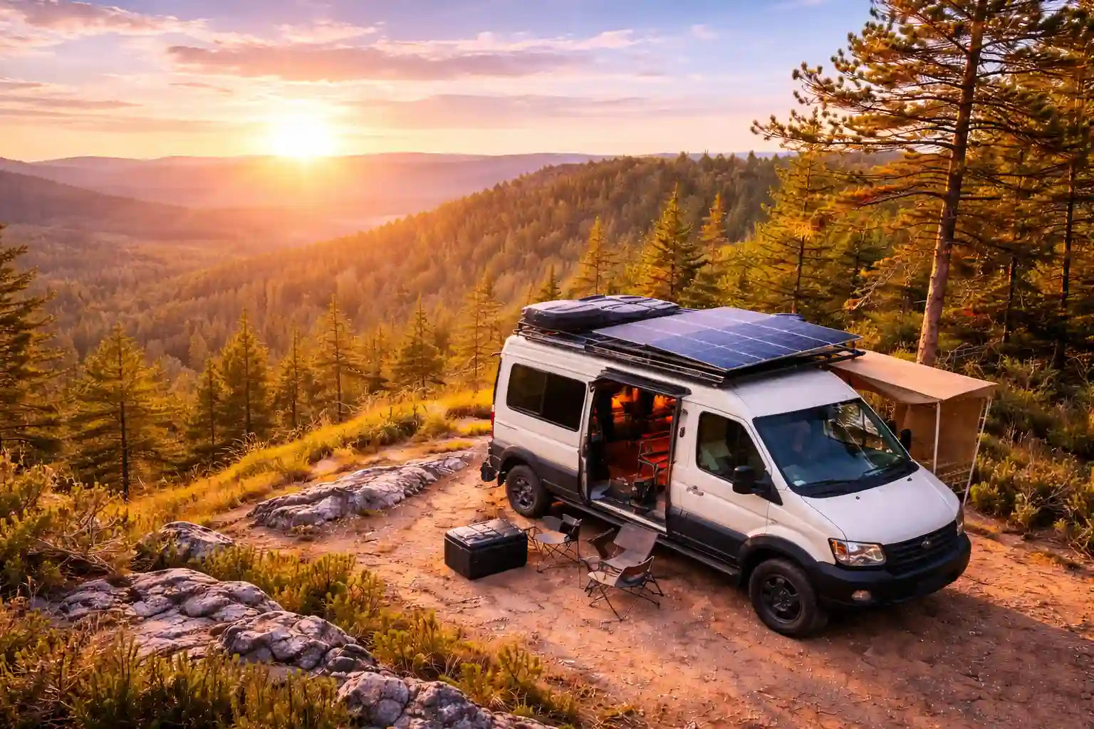 Van with solar panels on a scenic mountain road at sunset