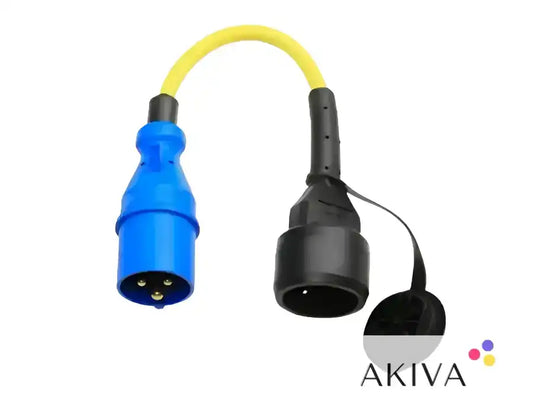 Blue and black Adapter Cord 16A/250V with Schuko Coupling and yellow cord attached