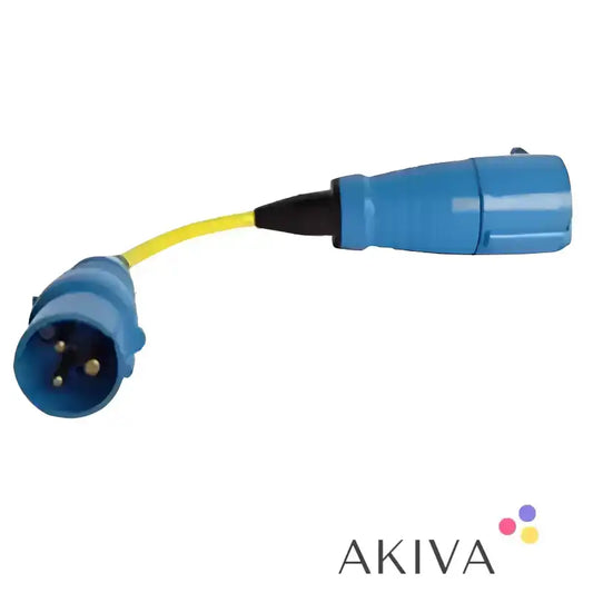 Blue electrical adapter with yellow cord for Adapter Cord 16A to 32A and CEE Coupling 32A