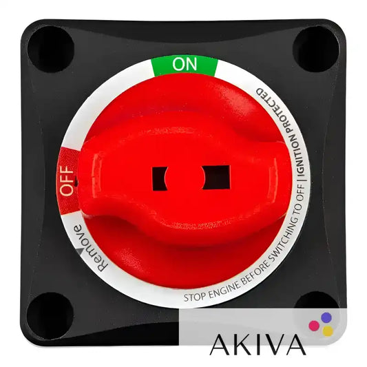 Square black battery switch with red handle for off-grid power solutions by Victron Energy