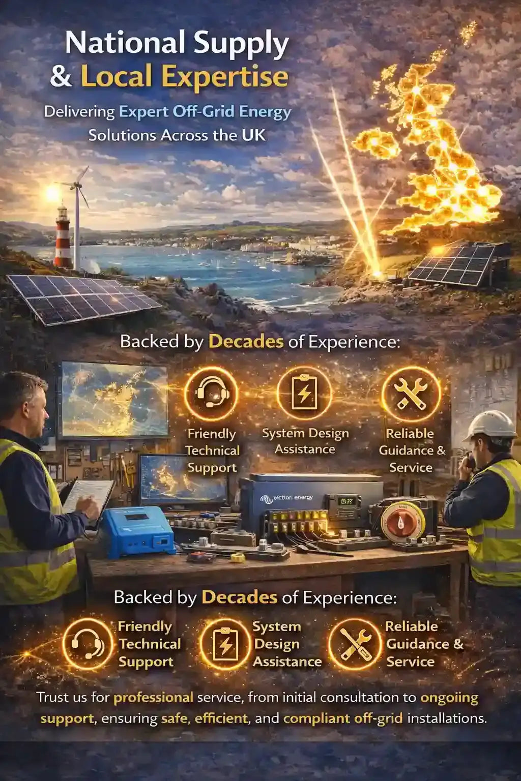 Blue and black off-grid energy system control panel with digital displays and wiring.