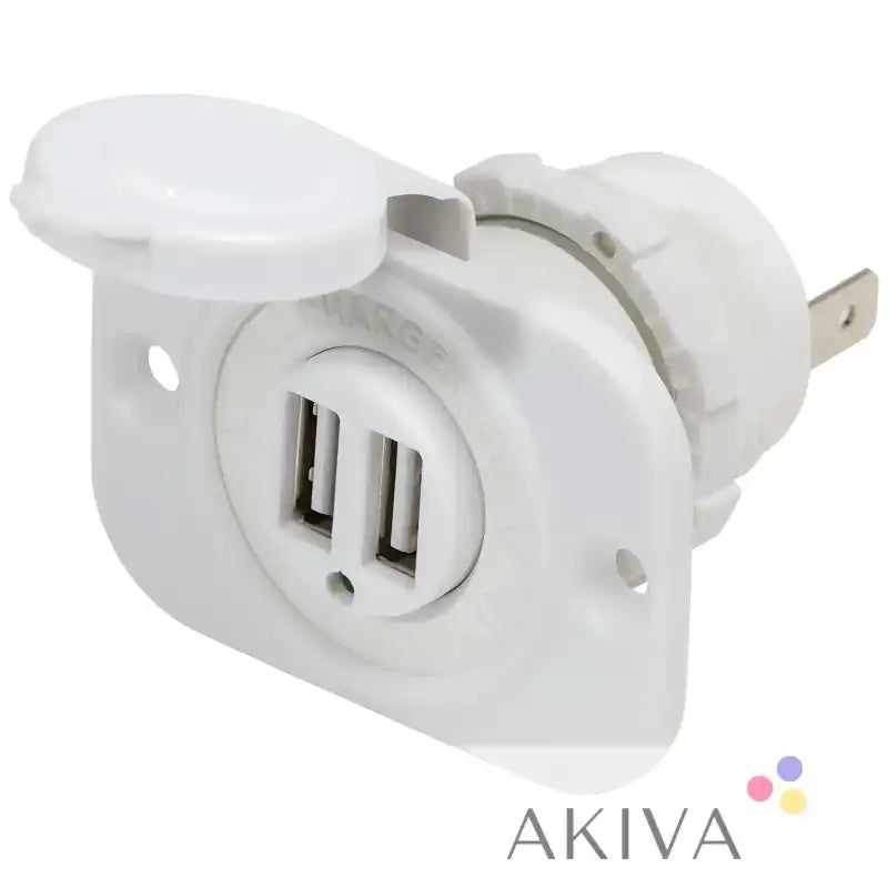 White dual USB charging port with protective cover for Blue Sea Systems BSS 12/24VDC charger