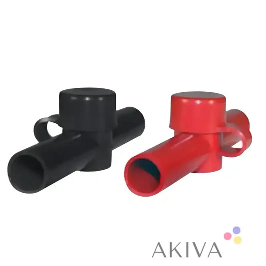 Black and red banana plugs on Blue Sea Systems 4019b CableCap for secure wiring