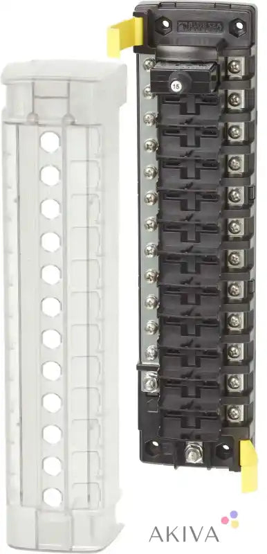 Blue Sea Systems circuit breaker block with black panel, yellow handle, silver screws