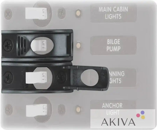 Blue Sea Systems BSS ToggleGuard circuit breaker panel with labeled switches
