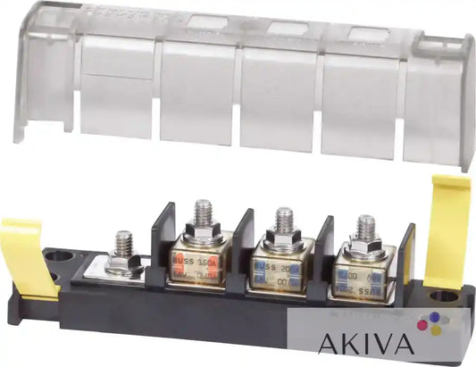 Blue Sea Systems fuse block with 3 brass fuses for high-amperage protection