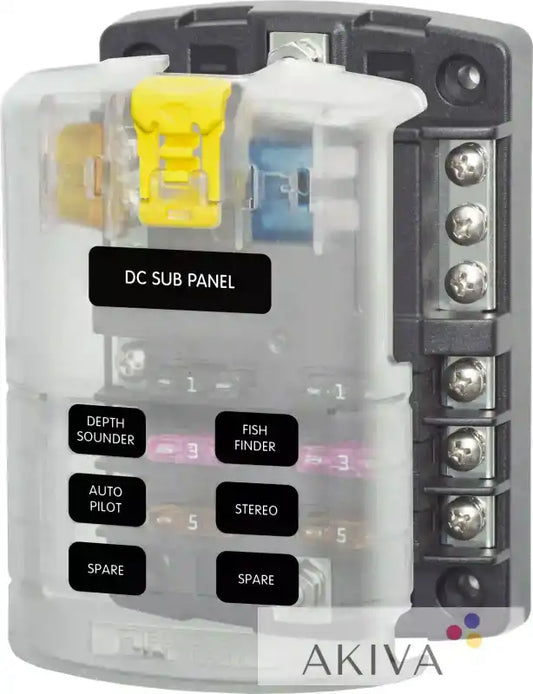Blue Sea Systems fuse block with clear DC sub panel, labeled switches