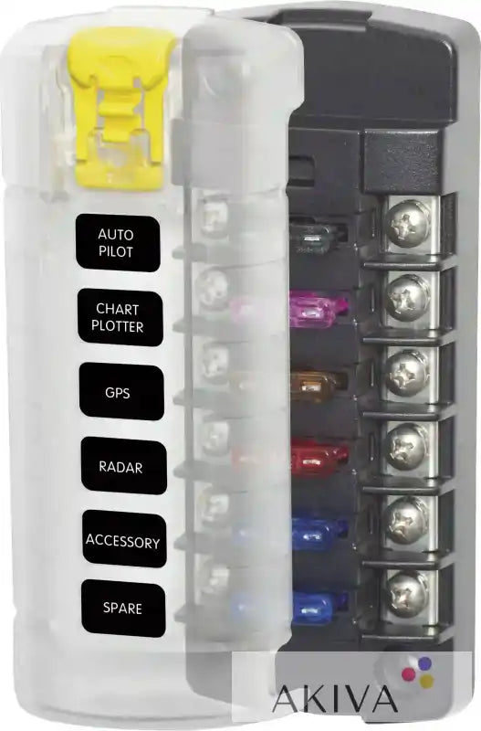 Blue Sea Systems fuse block with clear cover, yellow latch, labeled circuits