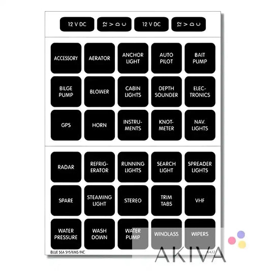 Boat switch label sheet from Blue Sea Systems BSS Label Kit DC H2O 30 Square Black V1