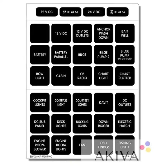 Marine electrical switch labels from Blue Sea Systems BSS Label Kit DC H2O 60 Square Black