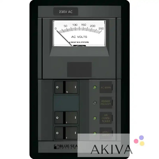 Electrical panel with voltmeter and switches from Blue Sea Systems BSS Panel 360 230VAC