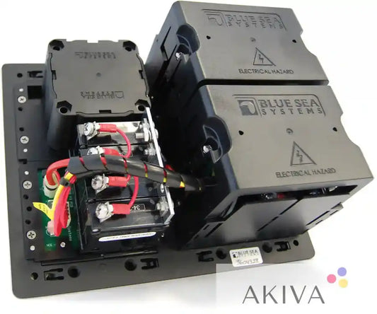 Black electrical distribution panel with Blue Sea Systems BSS Panel 360 Rear AC Cover
