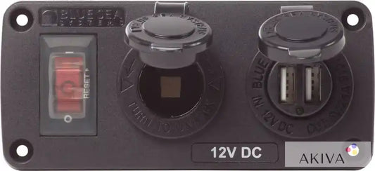 Black 12V DC power outlet panel on Blue Sea Systems BSS Panel Acc H2O USB & Socket
