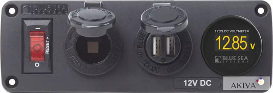 Black panel with switch, power outlets, and voltmeter for Blue Sea Systems BSS BelowDeck