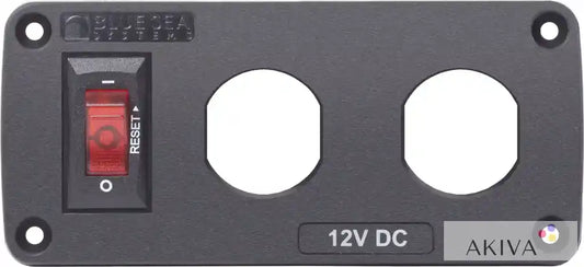 Black panel with switch and circular cutouts for Blue Sea Systems BelowDeck 2 Socket Blank