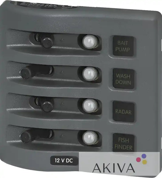 Blue Sea Systems gray 12V DC marine panel with 4 toggle switches