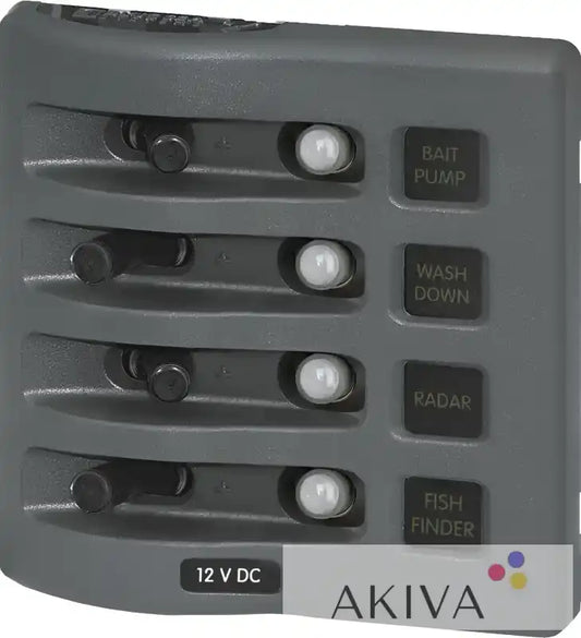 Gray marine switch panel by Blue Sea Systems for reliable 12VDC circuit control