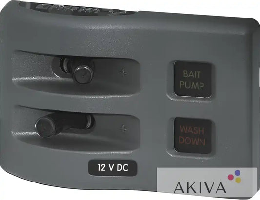 Blue Sea Systems gray panel with bait pump wash down toggles