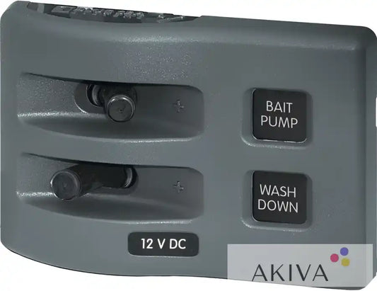 Blue Sea Systems gray panel with bait pump, wash down switches
