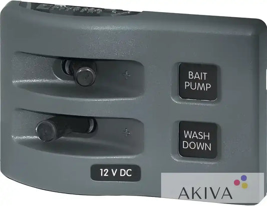Gray boat control panel featuring Blue Sea Systems BSS panel switch for marine applications