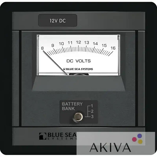 DC voltmeter with battery bank selector for Blue Sea Systems marine safety and manual reset circuits