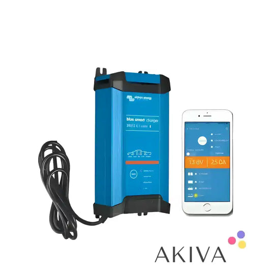 Blue Smart IP22 Charger 24/12(1) 230V UK with cable and smartphone for efficient charging