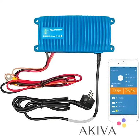 Blue Smart IP67 Charger with wires charging a smartphone, 230V CEE compatible