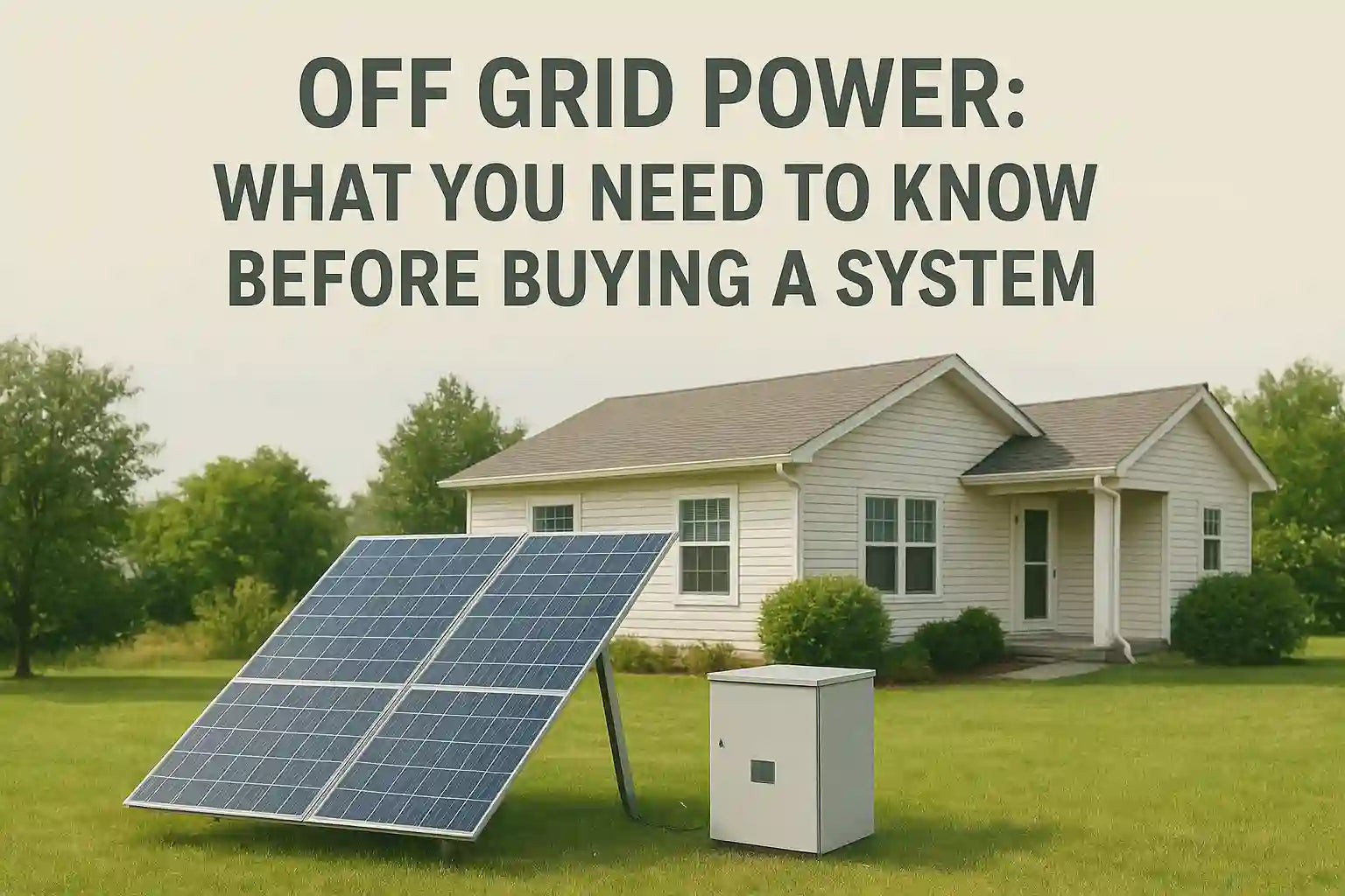 Solar panel and battery system in front of a house with text about off-grid power.