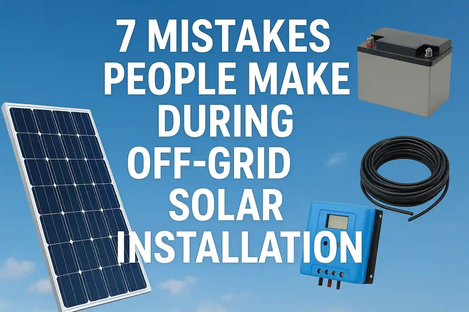 Off-grid solar installation mistakes graphic with solar components.