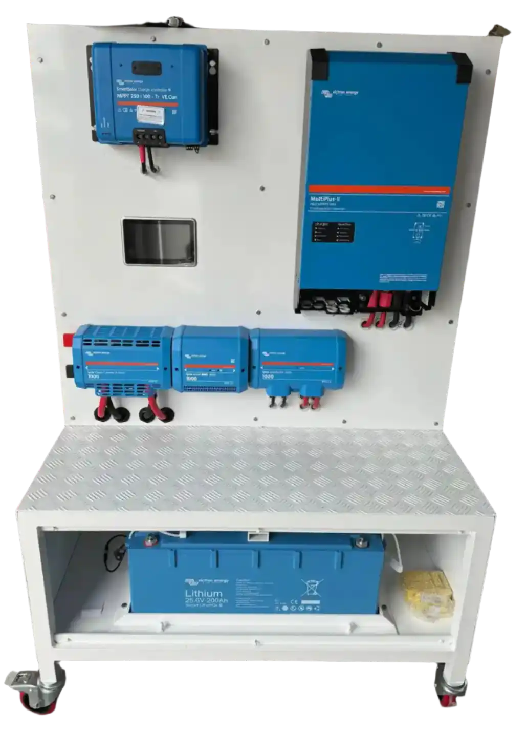 Victron equipment mounted on a white metal bench