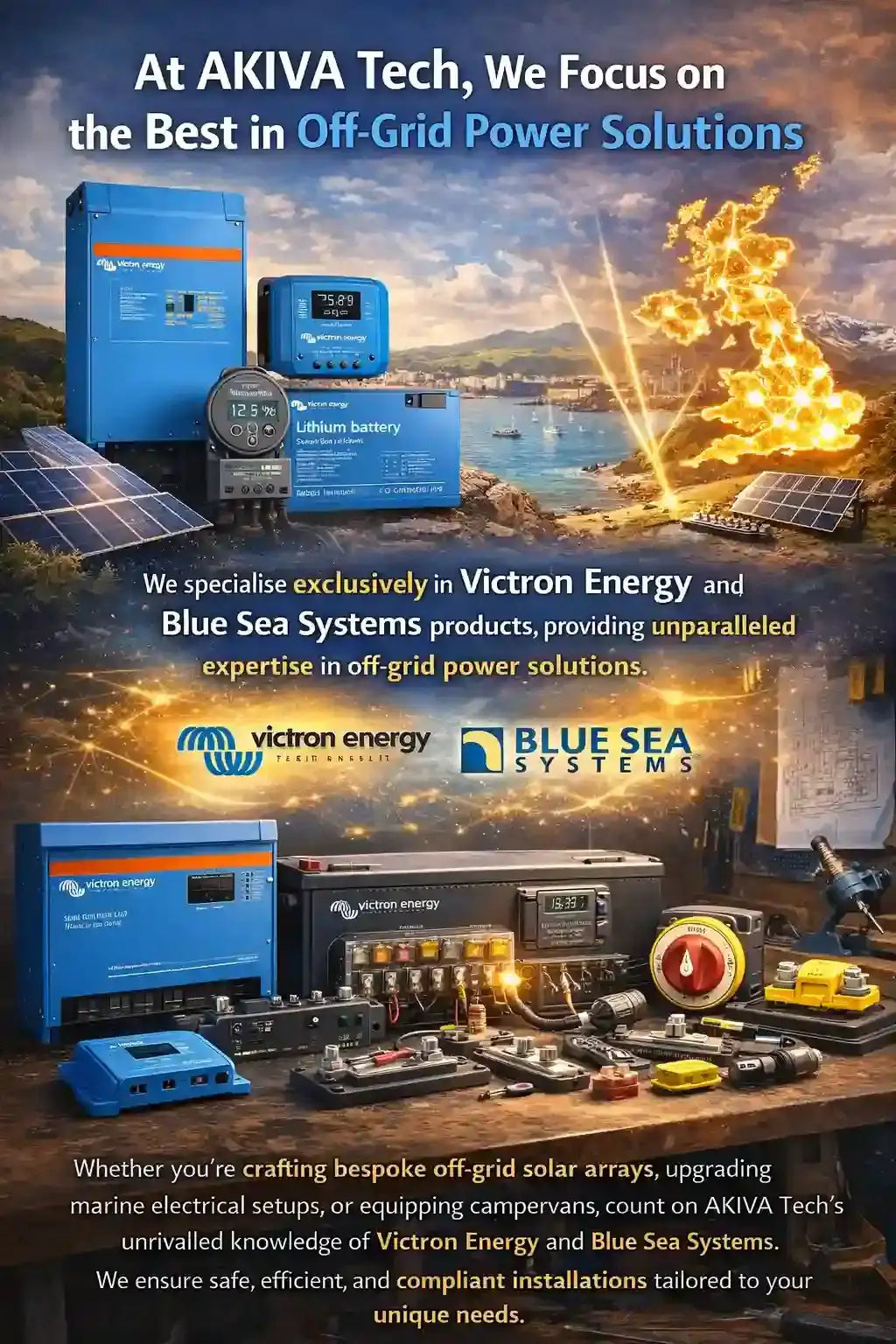 Blue victron energy solar power inverter with digital display and orange accent stripe