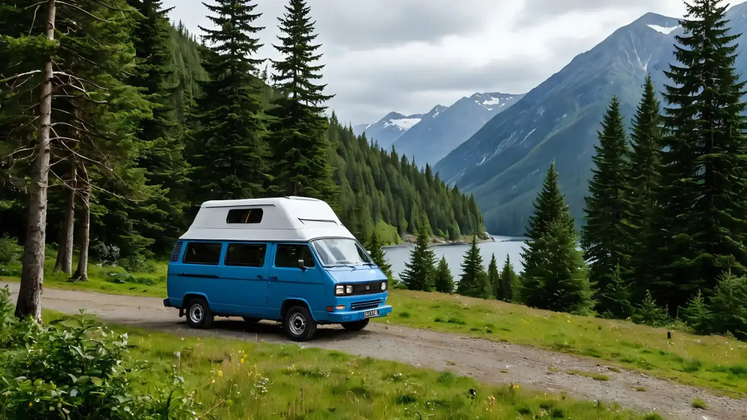 Blue and white camper van with EcoFlow Wave off-grid air conditioner for van life