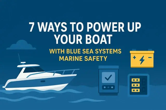 Infographic on powering up a boat with Blue Sea Systems marine safety equipment.