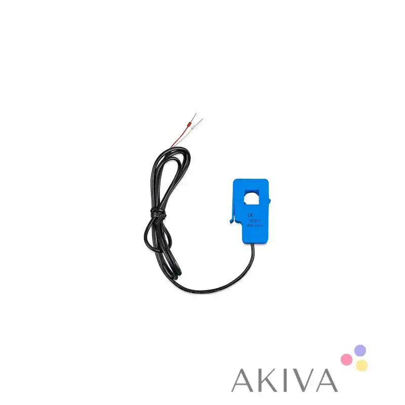 Blue plastic water flow sensor with black cable and metal terminals for current transformer use