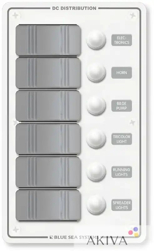Blue Sea Systems BSS Panel H2O 12VDC gray DC panel with labeled switches and knobs