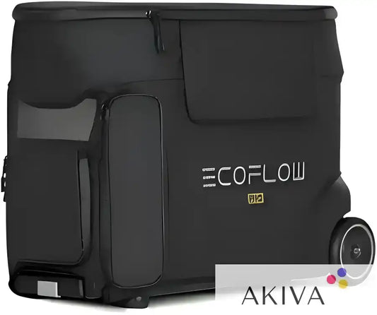 Black portable power station with wheels in ECOFLOW Delta Pro Bag for convenient transport