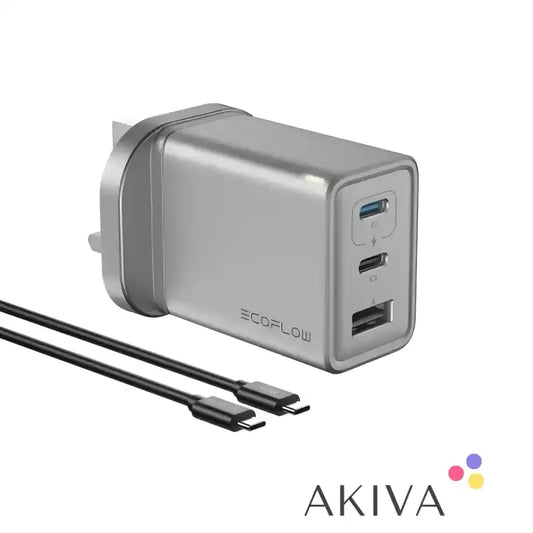 Silver EcoFlow Rapid ACC Charger 65W with two USB-C ports and one USB-A port