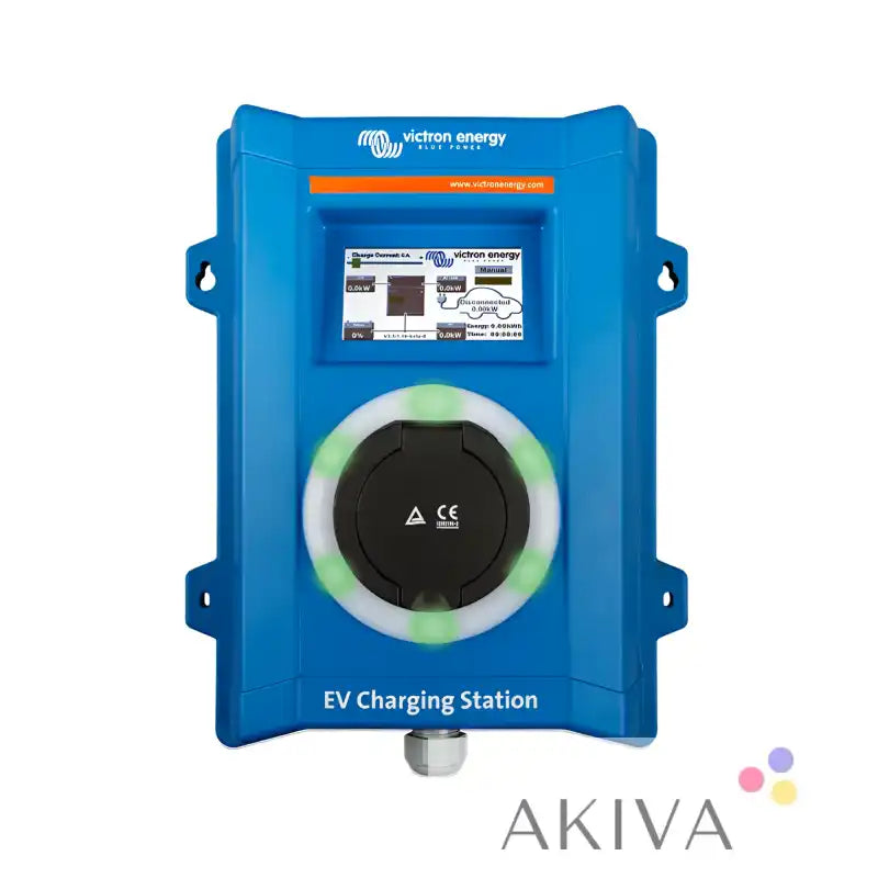 Blue Victron EV charging station with green LED port for off-grid power solutions