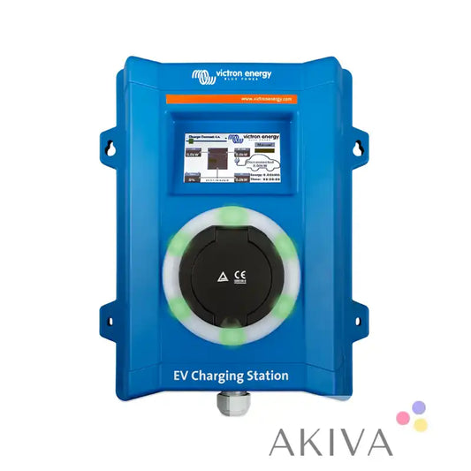 Blue Victron EV charging station with green LED port for off-grid power solutions