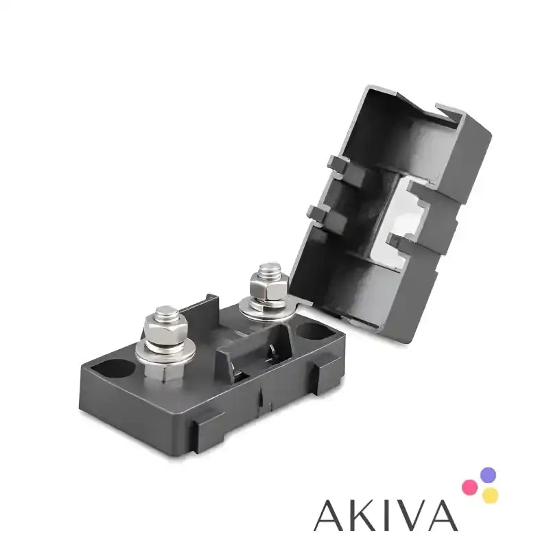 Black fuse holder with open cover for MIDI-fuse in off-grid power solutions by Victron Energy