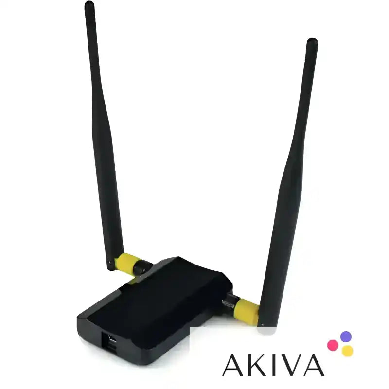 Black wireless router with two antennas, featuring the Netgear AC1200 long range WiFi module