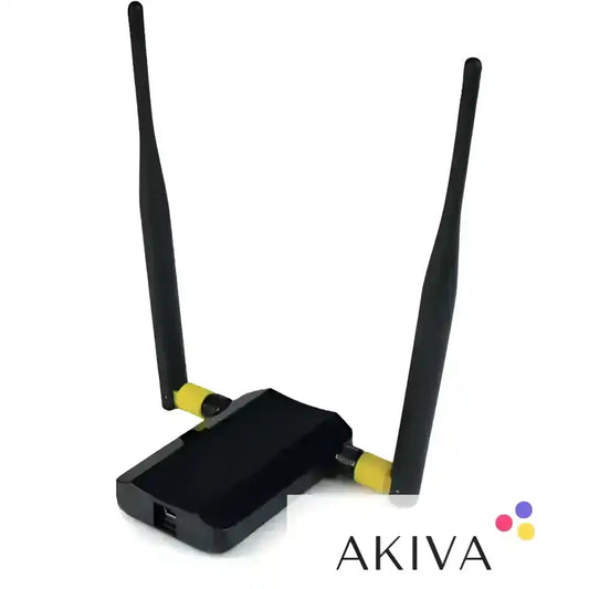 Black wireless router with two antennas, featuring the Netgear AC1200 long range WiFi module