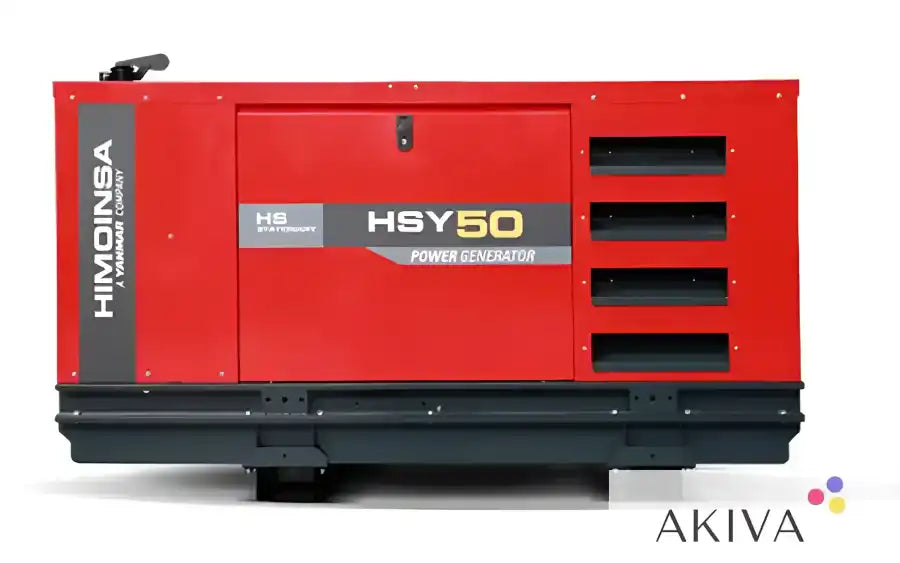 Red Himoinsa HSY50 industrial diesel generator with black base and ventilation slots