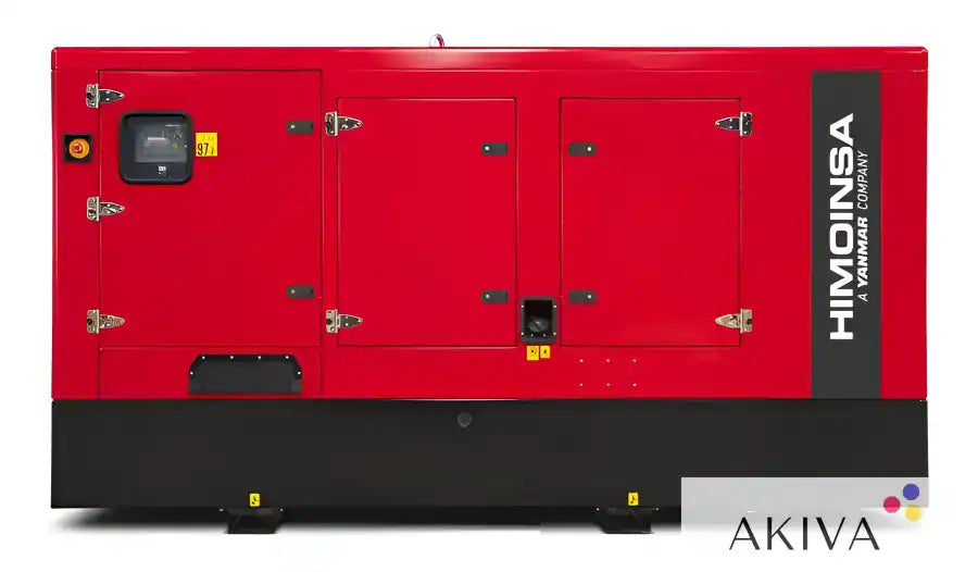 Red Himoinsa HFW-160-T5 S2 400V diesel generator with black base and 4-pole circuit breaker